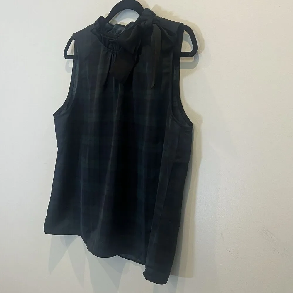J. Crew NWT Green Plaid Ruffle Neck Sleeveless Bow Top Holiday Blouse Satin L